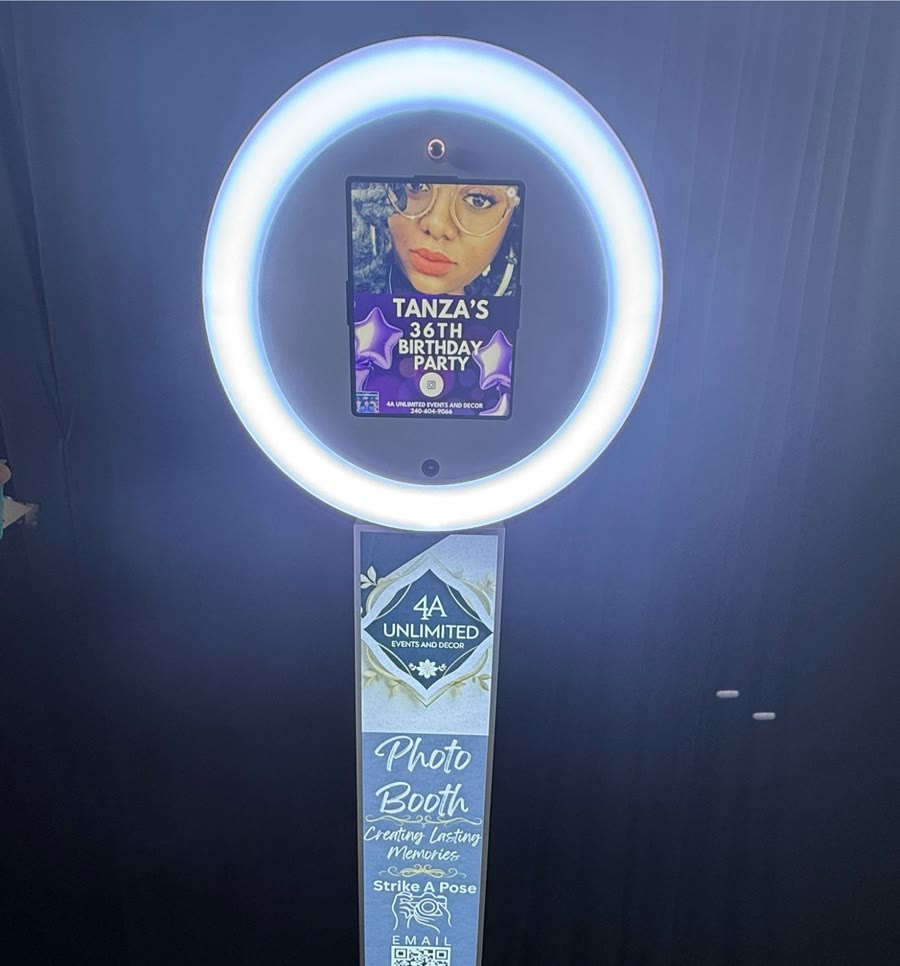 4A Unlimited ring-light photo booth with a customized birthday welcome screen
