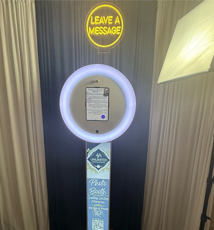 4A Unlimited video guest booth with a ring light and Leave a Message sign